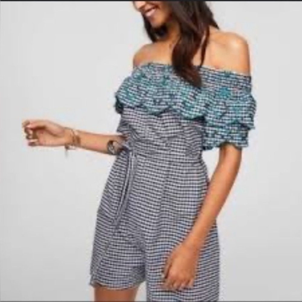 LOFT Off-Shoulder Gingham Romper in Black and Teal